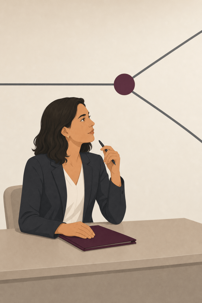 Woman at a desk thinking over a diagram of branching lines, weighing strategy for an anti-suit injunction