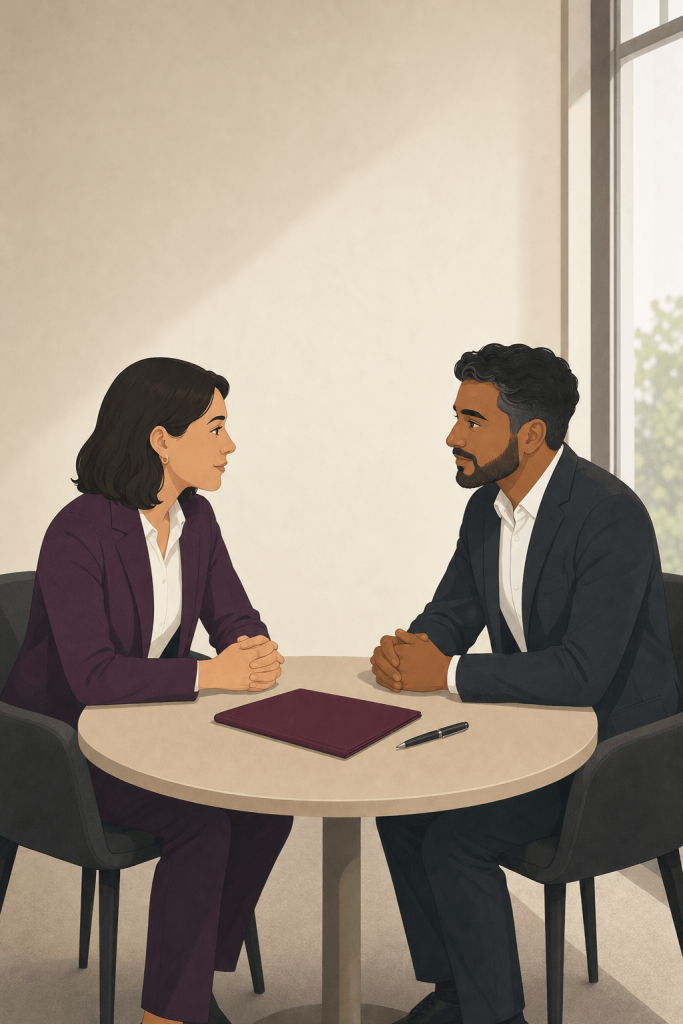 Two people talking at a small round table to resolve a late payment dispute through mediation