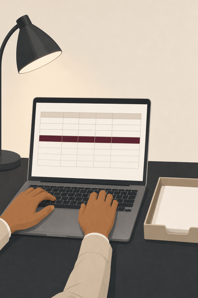 Hands typing on a laptop showing an invoice tracker to keep track of late payments