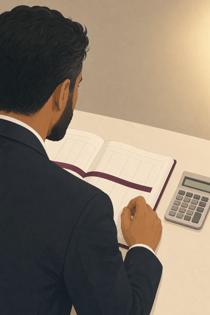 Person checking a payment schedule with a calculator, showing payment and commission terms in a marketing agency agreement