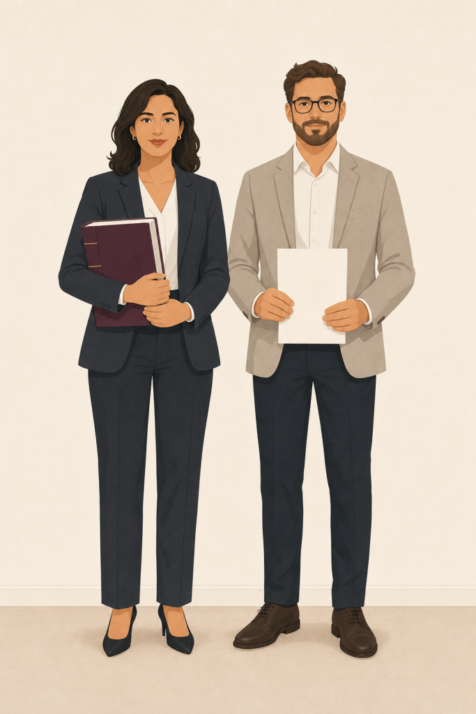 Two people standing side by side holding a folder and a document to show employee or worker status under a zero-hours contract