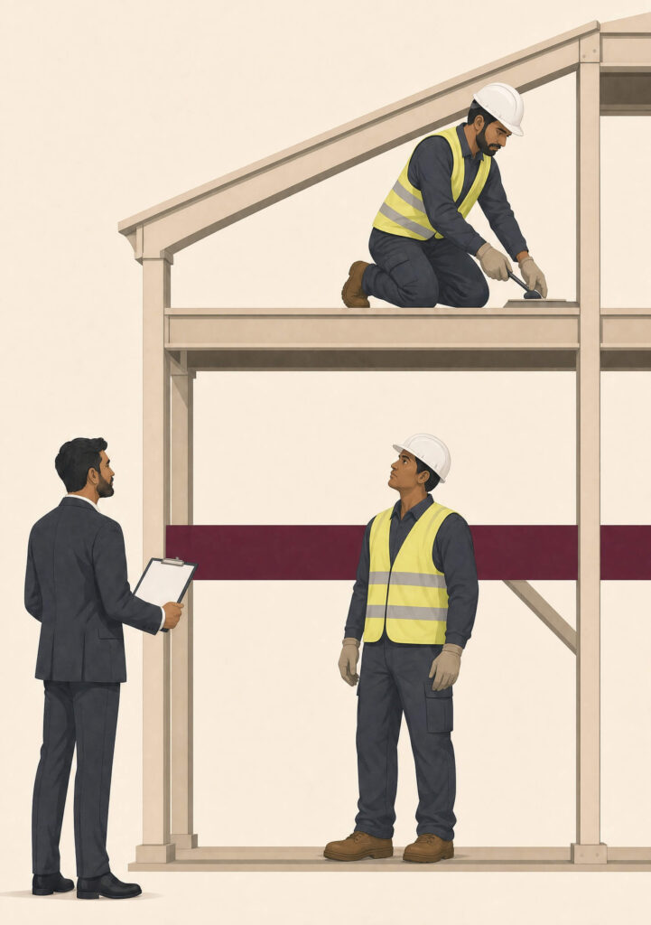 Two workers on separate building levels kept apart by a barrier while a contractor coordinates them