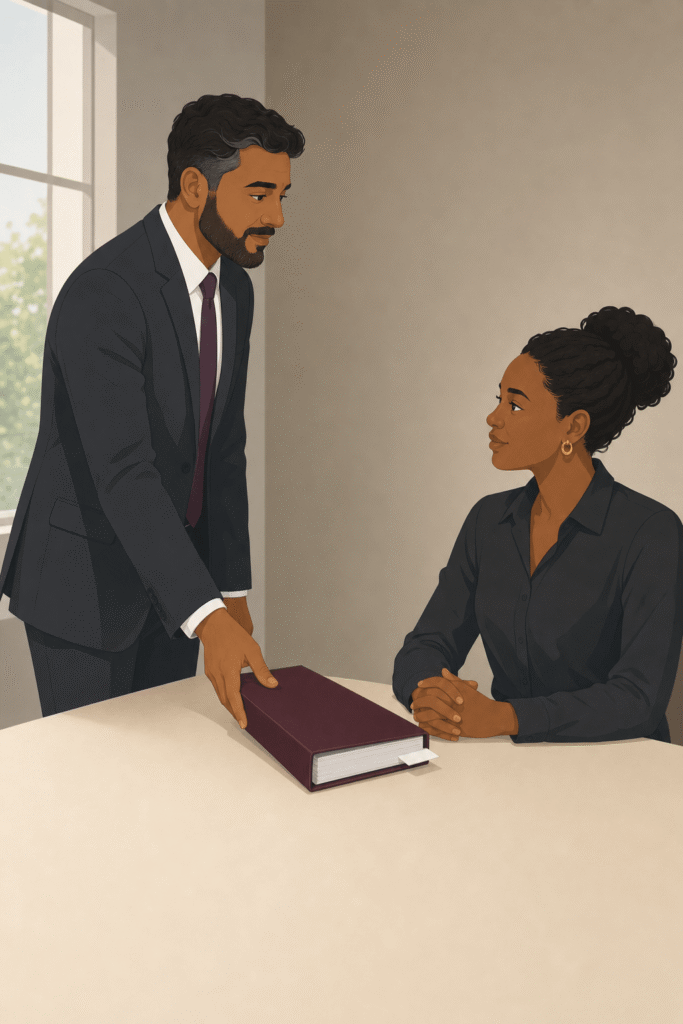 Principal designer hands a health and safety file binder to a client across a desk