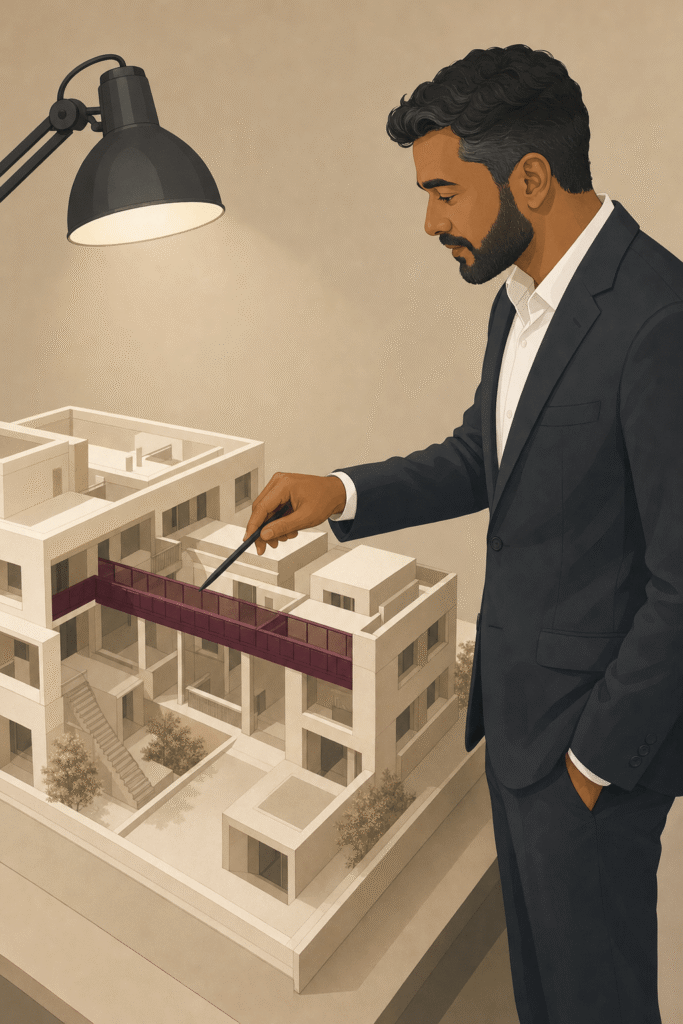Designer points to a roof walkway on a building model to manage foreseeable risks